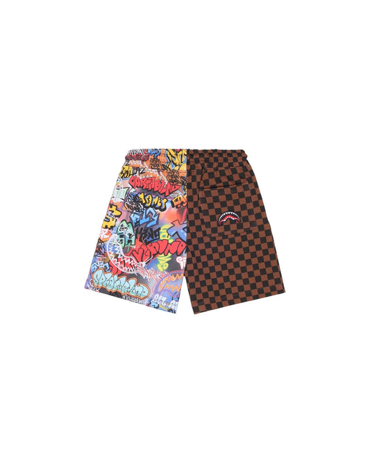 BERMUDA SPRAYGROUND A SCACCHI MARRONE CON STAMPA UFO - Angel Luxury