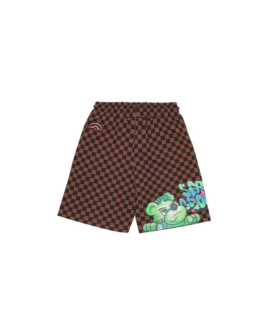 BERMUDA SPRAYGROUND A SCACCHI MARRONI CON STAMPA ORSO - Angel Luxury