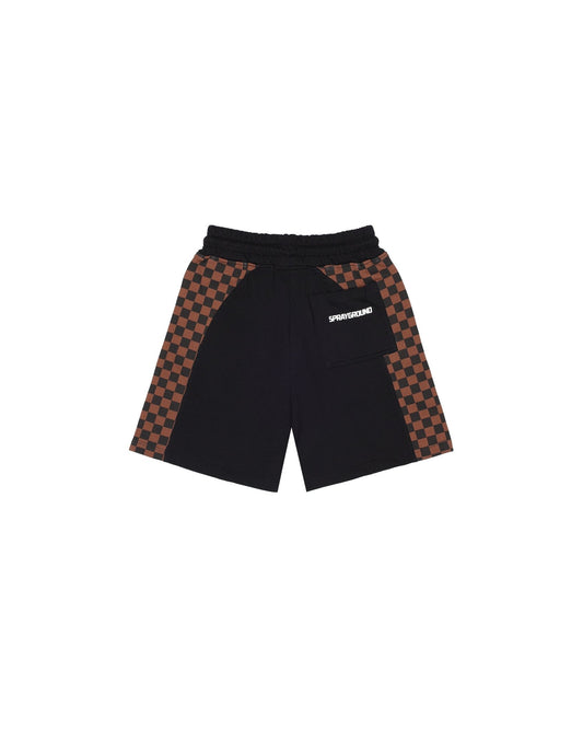 BERMUDA SPRAYGROUND NERO E SCACCHI MARRONI CON LOGO ROSSO - Angel Luxury