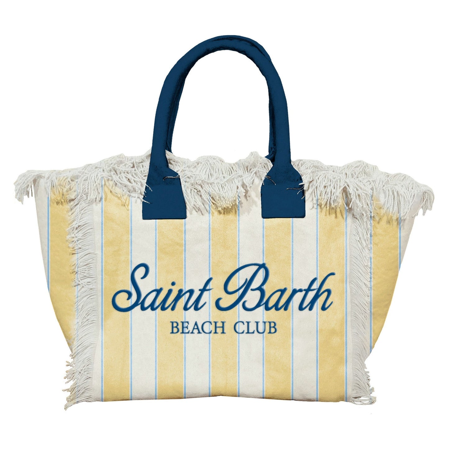 BORSA IN TELA A RIGHE BIANCA E GIALLA CON MANICI E LOGO BLU MC2 SAINT BARTH - Angel Luxury