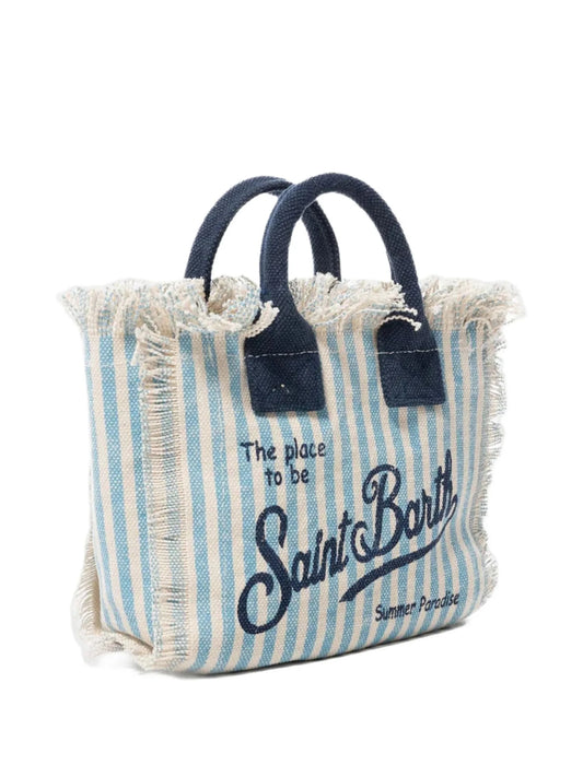 BORSA MINI VANITY IN TELA A RIGHE SOTTILI BIANCO E AZZURRO CON LOGO BLU MC2 SAINT BARTH - Angel Luxury