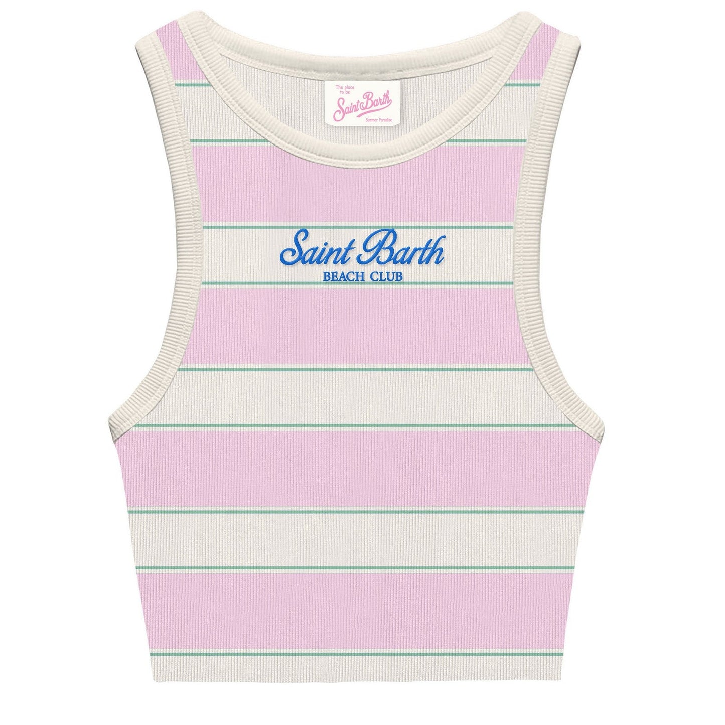 CANOTTA A RIGHE BIANCA/ROSA E VERDE CON LOGO BLU MC2 SAINT BARTH - Angel Luxury