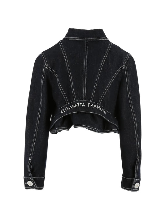 GIACCA IN DENIM BLU SCURO CON BOTTONI E LOGO BIANCO ELISABETTA FRANCHI - Angel Luxury