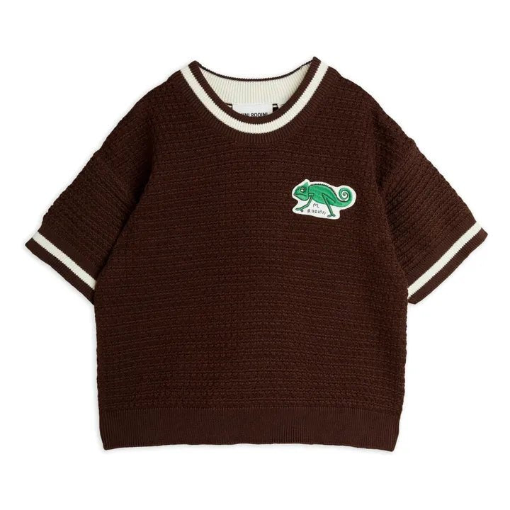 MAGLIA UNCINETTO MARRONE CON CAMALEONTE VERDE MINI RODINI - Angel Luxury