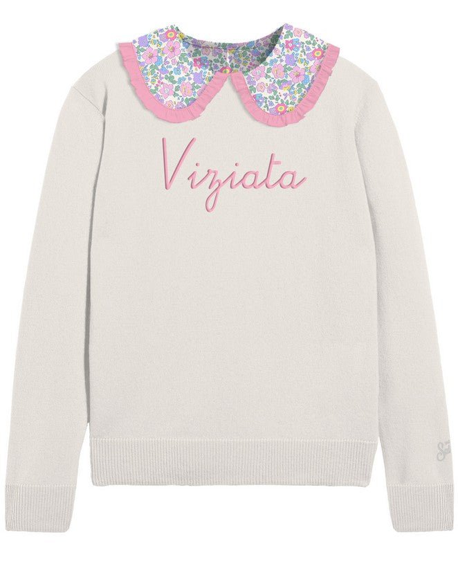 MAGLIONE CON COLLETTO A FIORI E SCRITTA ROSA IN RICAMO "VIZIATA" DI MC2 SAINT BARTH - Angel Luxury