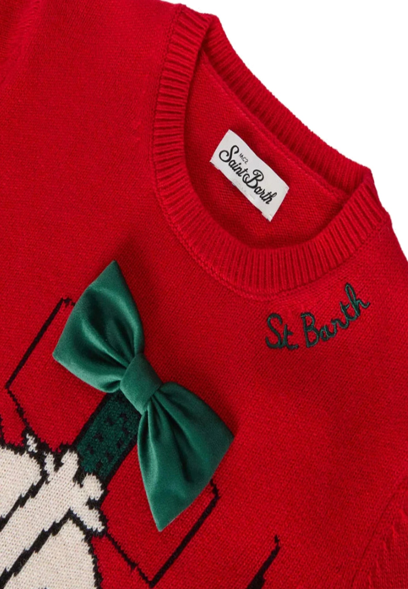 MAGLIONE ROSSO CON SNOOPY E FIOCCO IN VELLUTO VERDE MC2 SAINT BARTH - Angel Luxury