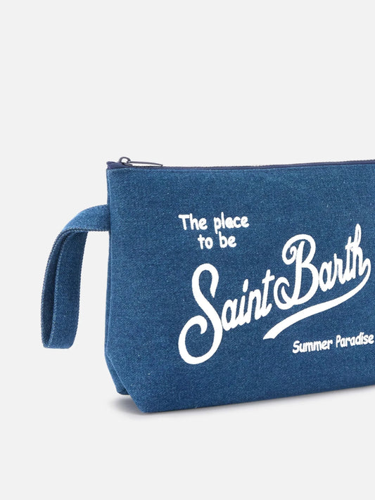 POCHETTE A MANO IN LINO BLU CON LOGO BIANCO MC2 SAINT BARTH - Angel Luxury
