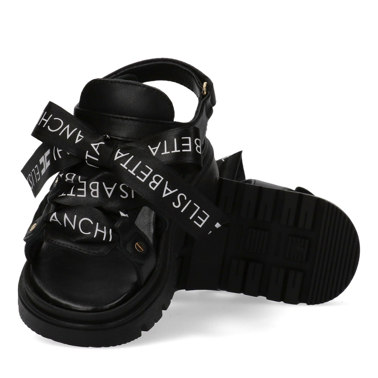 SANDALO CON LACCI IN RASO NERO CON LOGO BIANCO ELISABETTA FRANCHI - Angel Luxury
