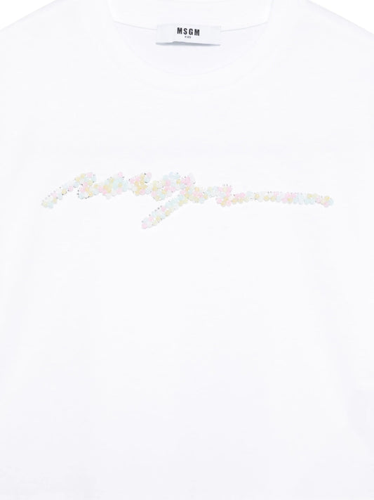 T - SHIRT BIANCA CON LOGO IN PERLINE MSGM - Angel Luxury