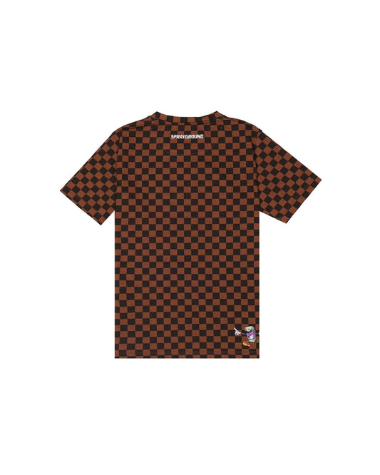 T - SHIRT SPRAYGROUND A SCACCHI MARRONI CON ORSO ROSSO - Angel Luxury