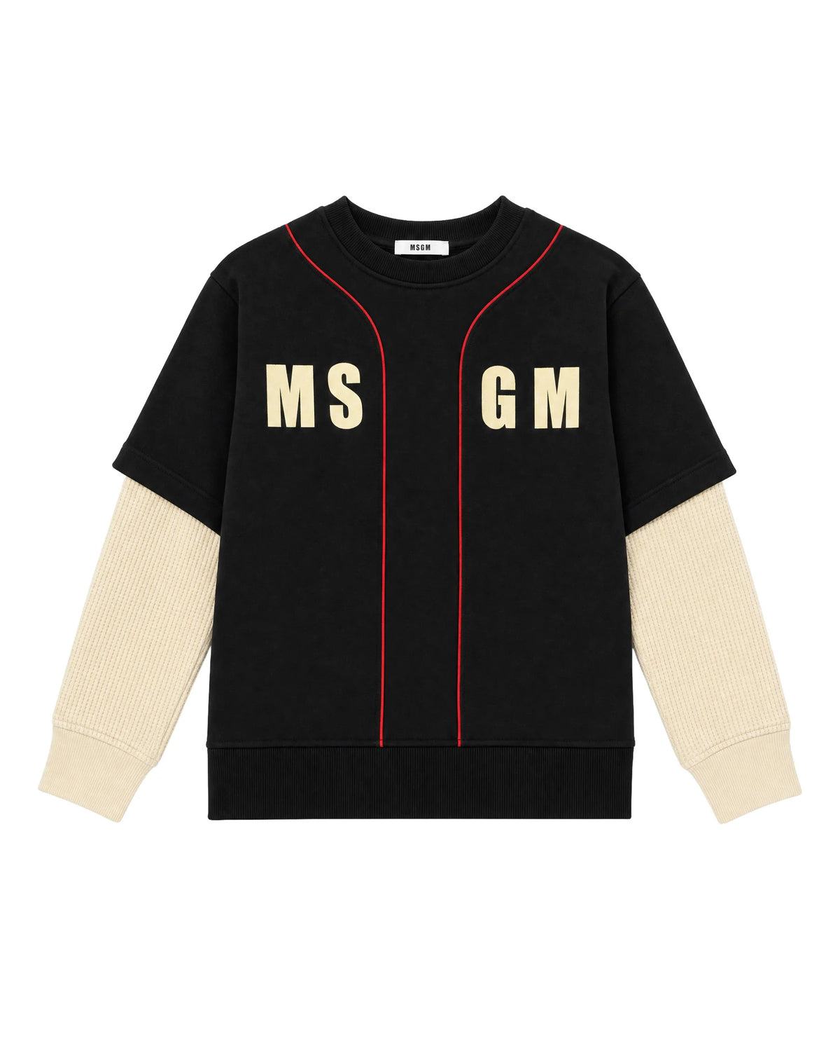 FELPA NERA A RIGHE ROSSA CON MANICA E LOGO CREMA MSGM