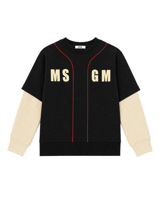 FELPA NERA A RIGHE ROSSA CON MANICA E LOGO CREMA MSGM