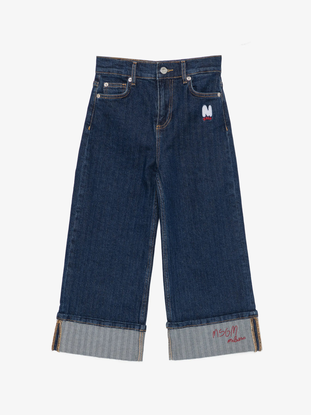 JEANS BLU CON RISVOLTO LOGO IN RICAMO ROSSO MSGM