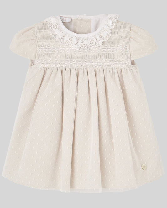 ABITO BEIGE CON FIOCCO SUL RETRO NEONATA PAZ RODRIGUEZ - Angel Luxury