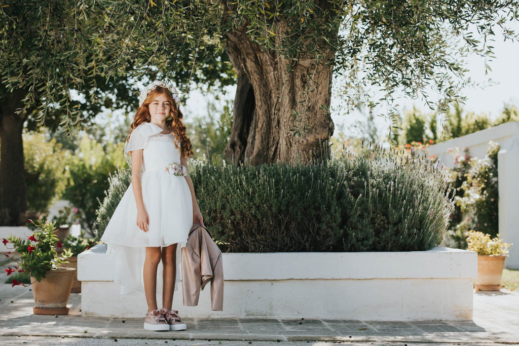 ABITO BIANCO RICAMATO CON CODA COLORI CHIARI - Angel Luxury