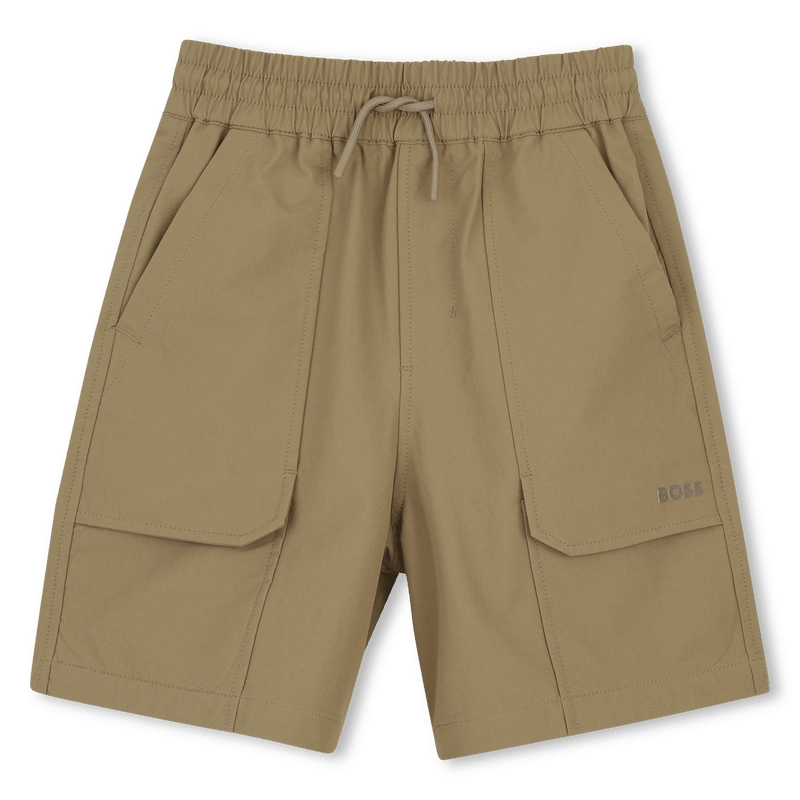BERMUDA BEIGE IN COTONE CON ELASTICO LOGO GOMMATO BOSS - Angel Luxury