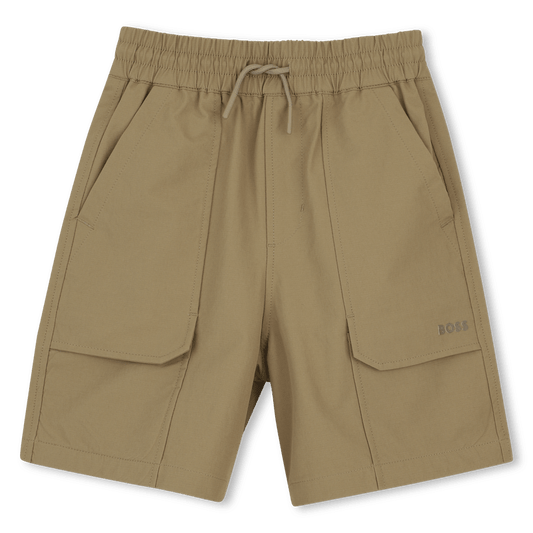 BERMUDA BEIGE IN COTONE CON ELASTICO LOGO GOMMATO BOSS - Angel Luxury