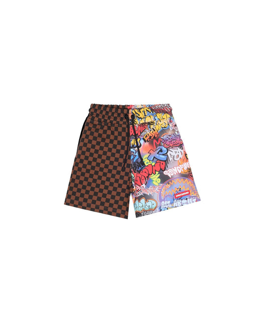 BERMUDA SPRAYGROUND A SCACCHI MARRONE CON STAMPA UFO - Angel Luxury