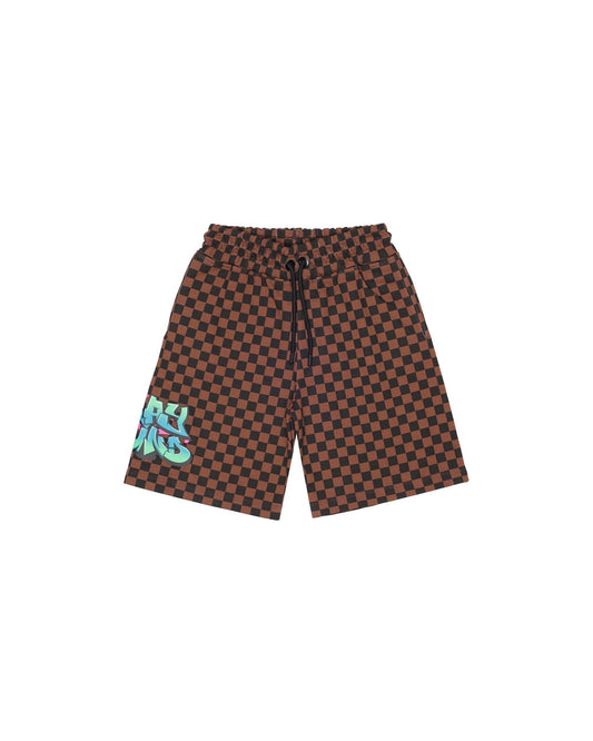 BERMUDA SPRAYGROUND A SCACCHI MARRONI CON STAMPA ORSO - Angel Luxury