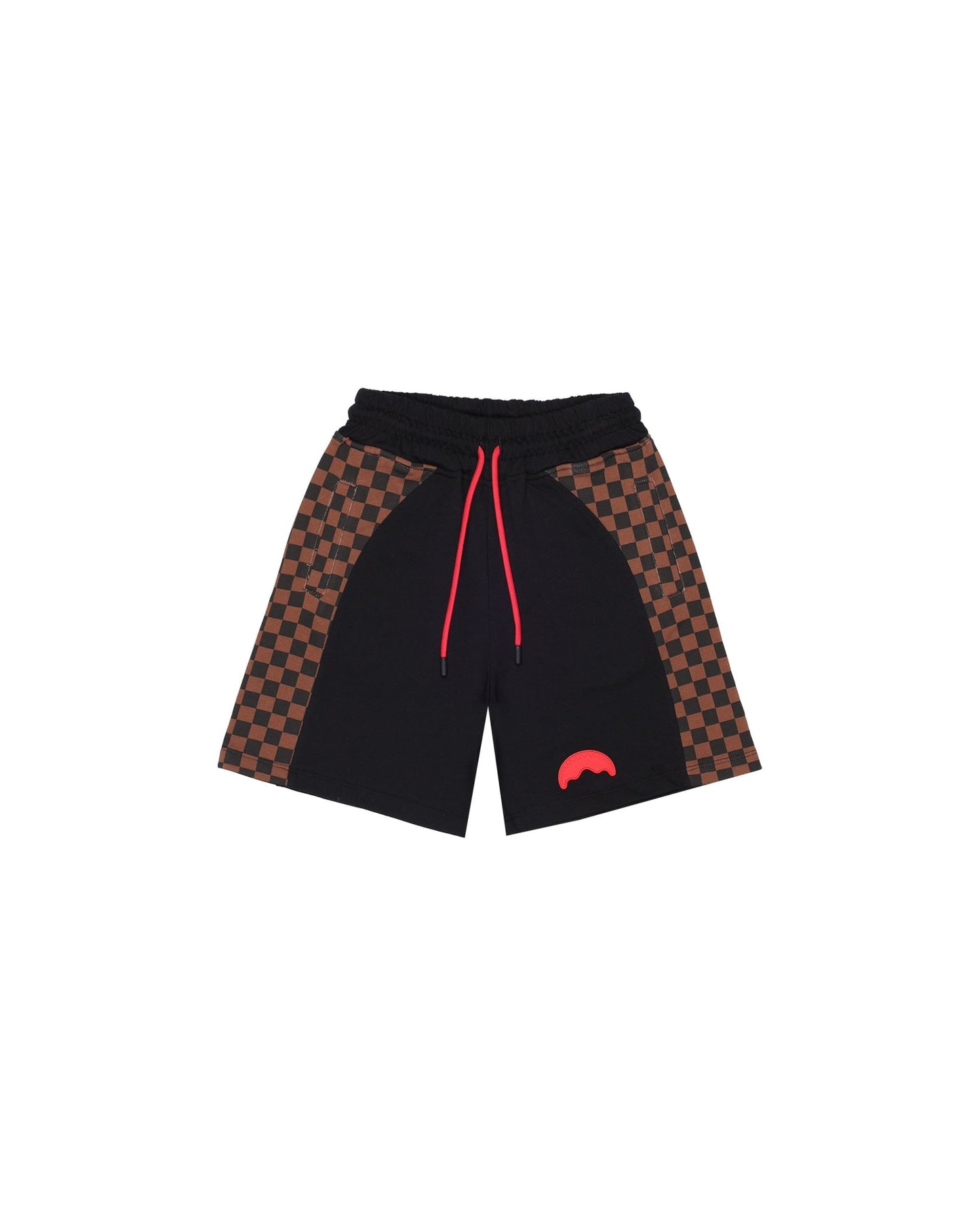 BERMUDA SPRAYGROUND NERO E SCACCHI MARRONI CON LOGO ROSSO - Angel Luxury