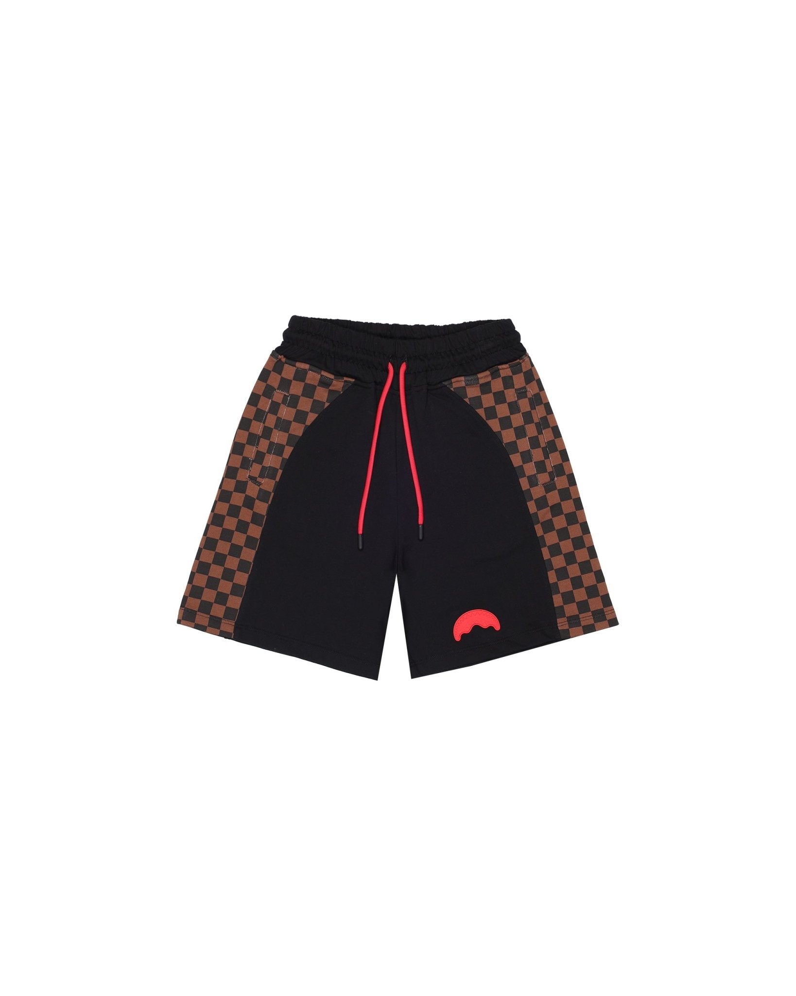 BERMUDA SPRAYGROUND NERO E SCACCHI MARRONI CON LOGO ROSSO - Angel Luxury