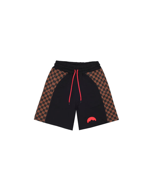 BERMUDA SPRAYGROUND NERO E SCACCHI MARRONI CON LOGO ROSSO - Angel Luxury