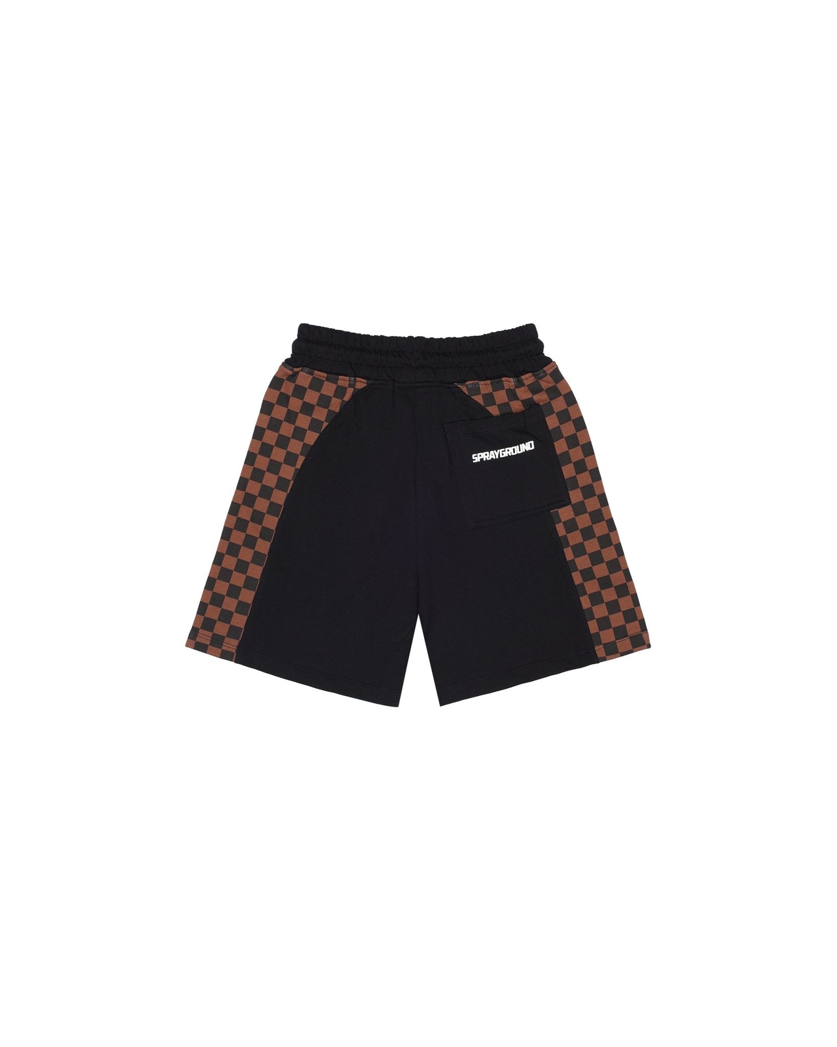 BERMUDA SPRAYGROUND NERO E SCACCHI MARRONI CON LOGO ROSSO - Angel Luxury