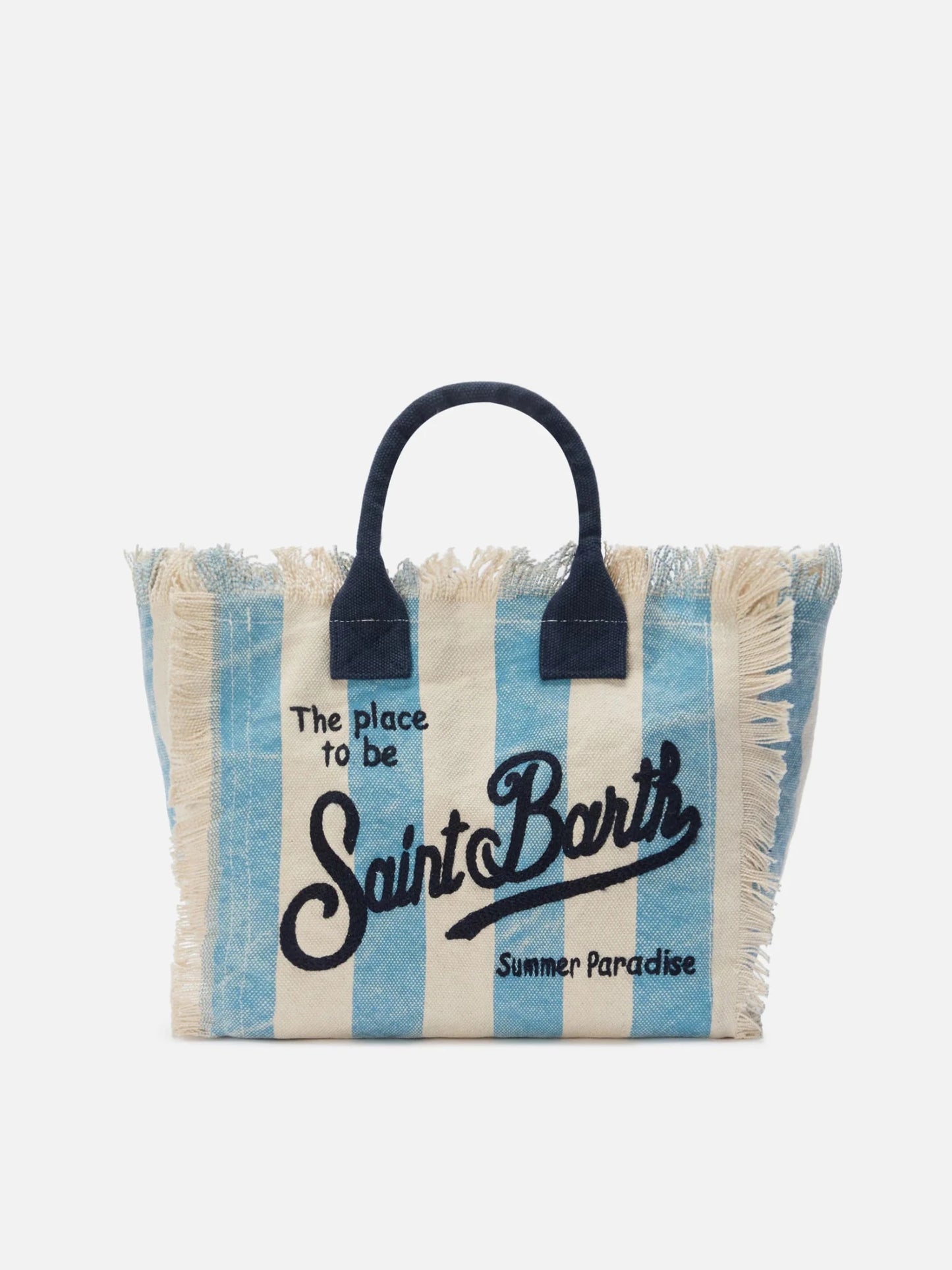 BORSA A RIGHE PANNA/AZZURRA CON LOGO BLU MC2 SAINT BARTH - Angel Luxury