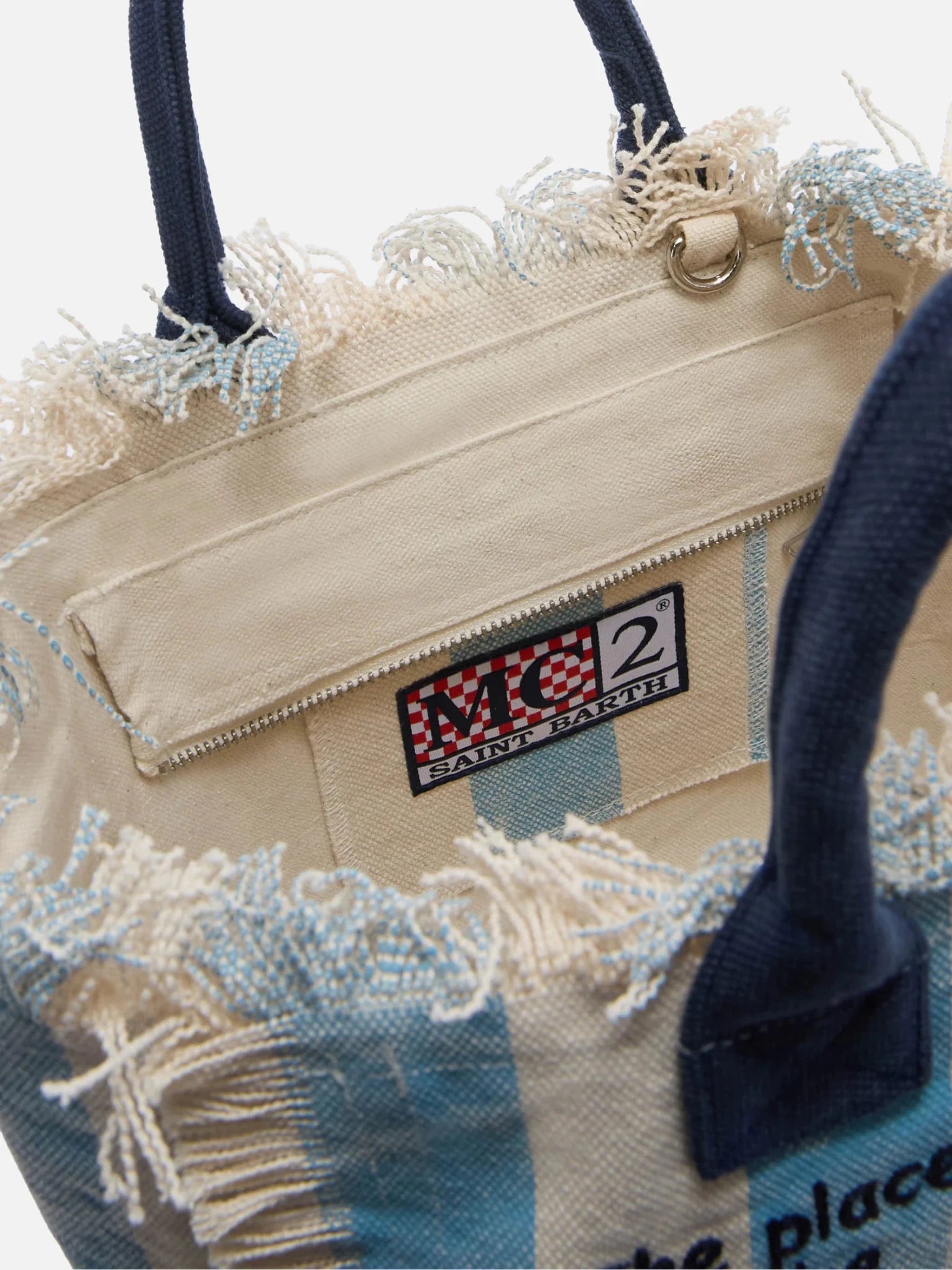 BORSA A RIGHE PANNA/AZZURRA CON LOGO BLU MC2 SAINT BARTH - Angel Luxury