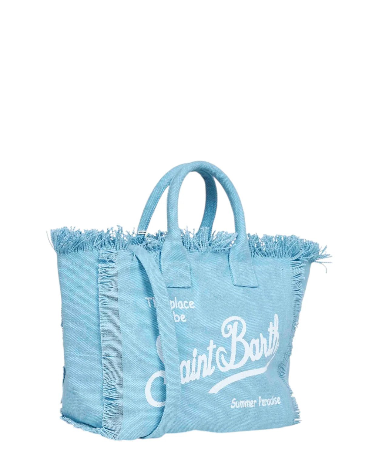 BORSA CELESTE IN TELA CON FRANGE CON LOGO BIANCO MC2 SAINT BARTH - Angel Luxury