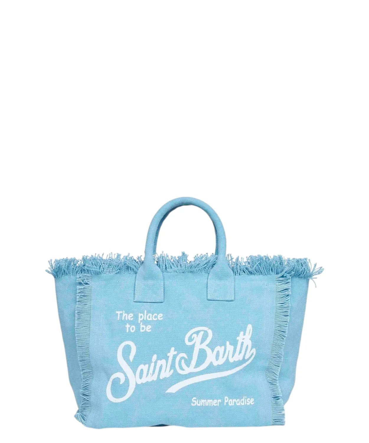 BORSA CELESTE IN TELA CON FRANGE CON LOGO BIANCO MC2 SAINT BARTH - Angel Luxury