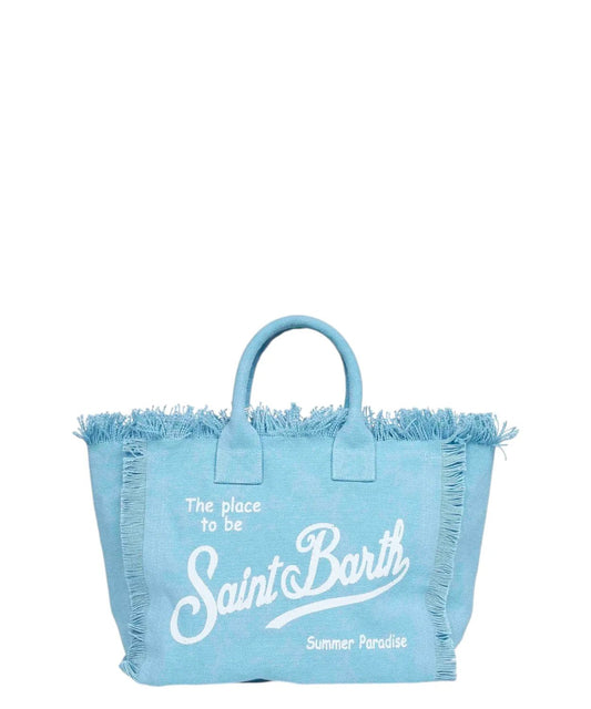 BORSA CELESTE IN TELA CON FRANGE CON LOGO BIANCO MC2 SAINT BARTH - Angel Luxury