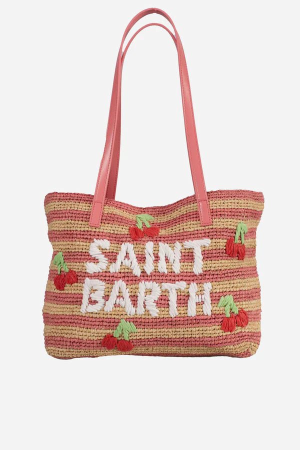 BORSA IN PAGLIA A RIGHE BEIGE/ROSA CON CILIEGIE MC2 SAINT BARTH - Angel Luxury