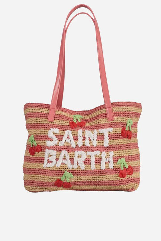 BORSA IN PAGLIA A RIGHE BEIGE/ROSA CON CILIEGIE MC2 SAINT BARTH - Angel Luxury