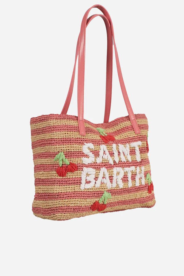 BORSA IN PAGLIA A RIGHE BEIGE/ROSA CON CILIEGIE MC2 SAINT BARTH - Angel Luxury