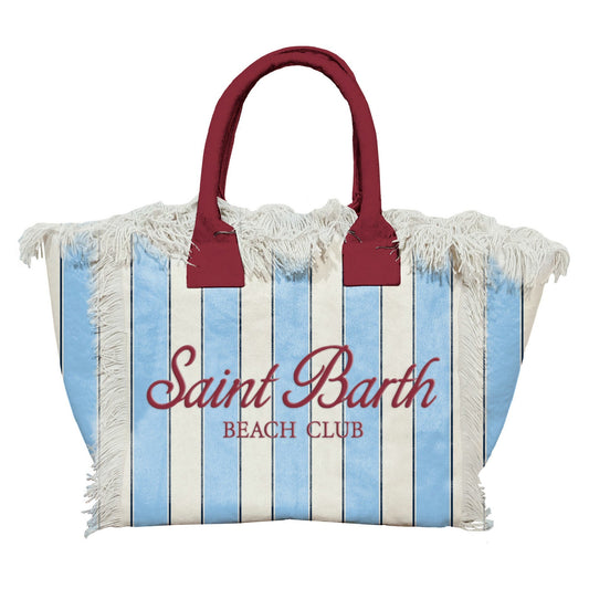 BORSA IN TELA A RIGHE BIANCA E AZZURRO CON MANICI E LOGO BORDEAUX MC2 SAINT BARTH - Angel Luxury