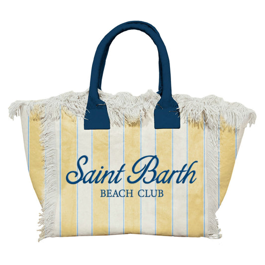 BORSA IN TELA A RIGHE BIANCA E GIALLA CON MANICI E LOGO BLU MC2 SAINT BARTH - Angel Luxury