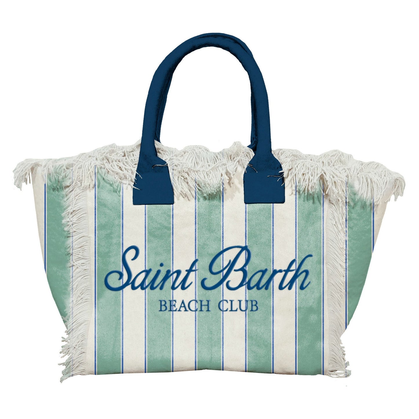 BORSA IN TELA A RIGHE BIANCA E VERDE CON MANICI E LOGO BLU MC2 SAINT BARTH - Angel Luxury