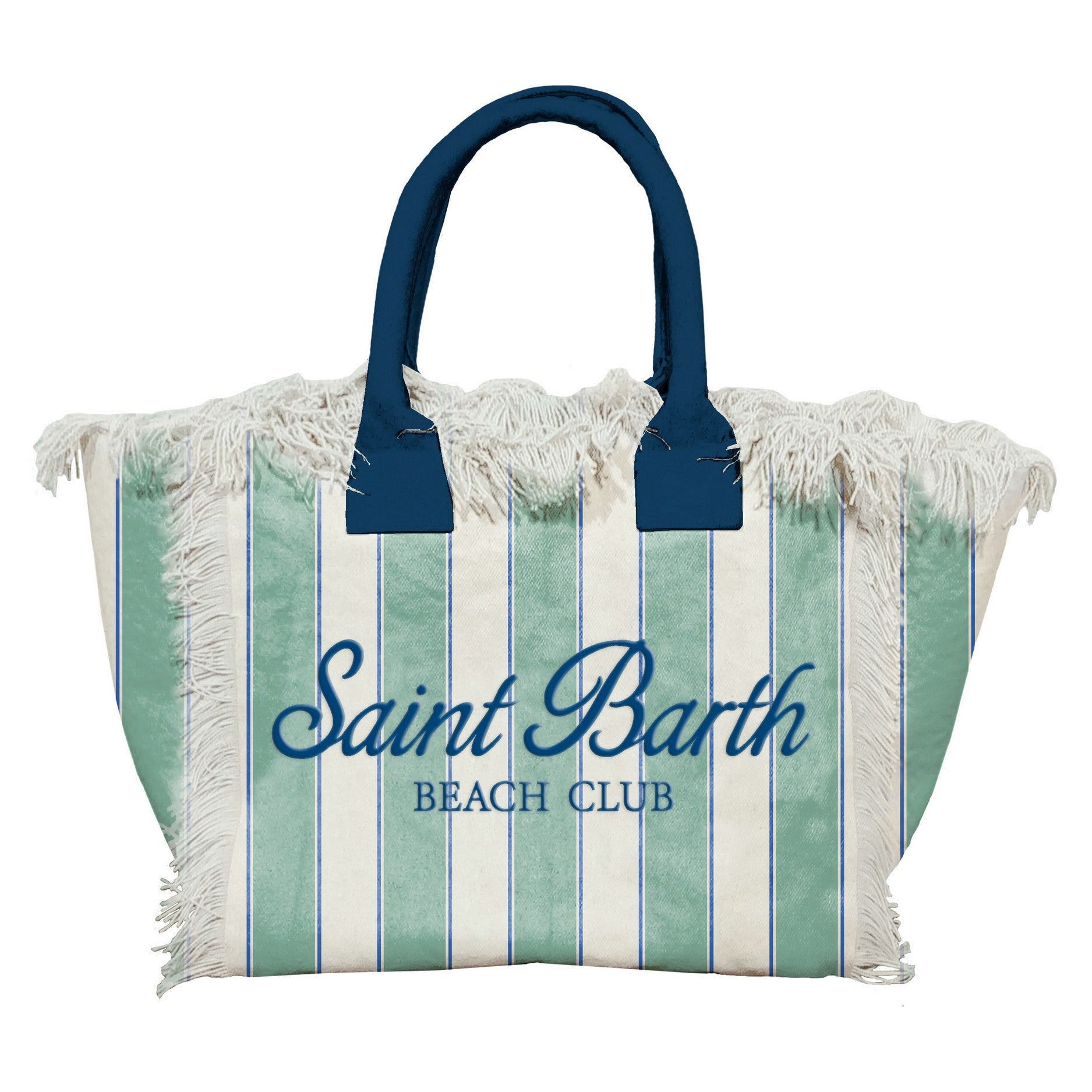 BORSA IN TELA A RIGHE BIANCA E VERDE CON MANICI E LOGO BLU MC2 SAINT BARTH - Angel Luxury