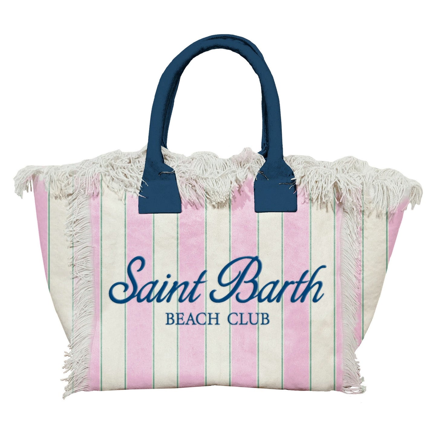 BORSA IN TELA A RIGHE BIANCA - ROSA E VERDE CON LOGO BLU MC2 SAINT BARTH - Angel Luxury