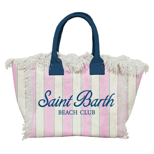 BORSA IN TELA A RIGHE BIANCA - ROSA E VERDE CON LOGO BLU MC2 SAINT BARTH - Angel Luxury