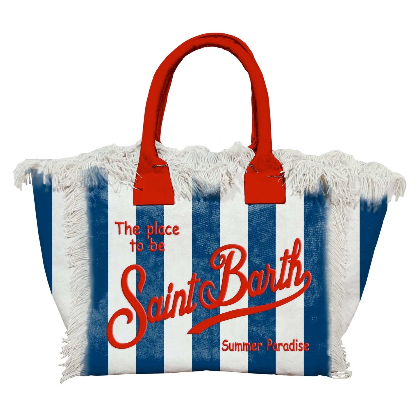 BORSA IN TELA A RIGHE BLU E PANNA CON MANICI E LOGO ROSSO MC2 SAINT BARTH - Angel Luxury