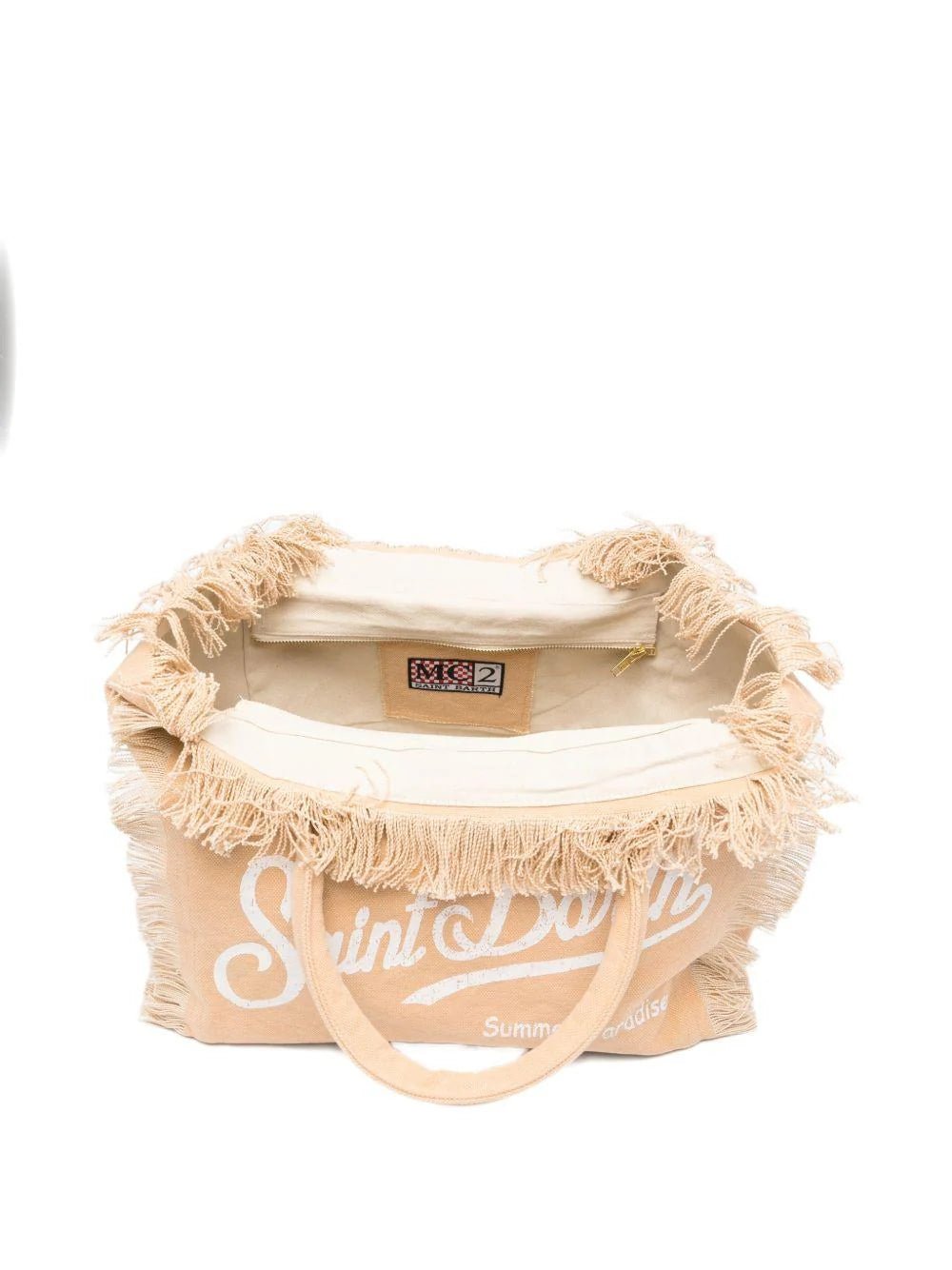 BORSA IN TELA CON FRANGE BEIGE CON LOGO BIANCO MC2 SAINT BARTH - Angel Luxury