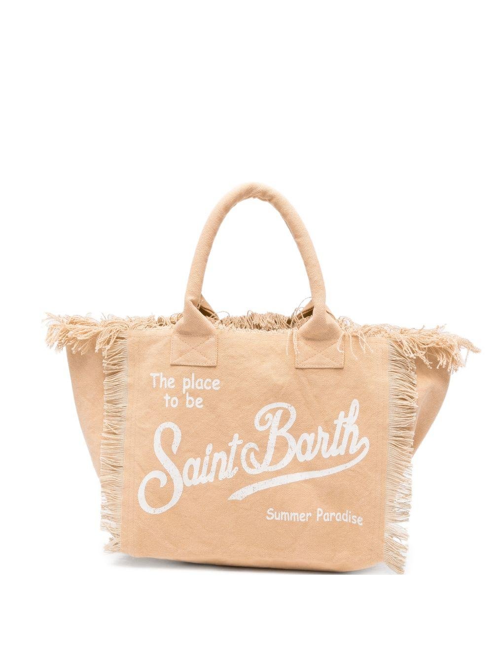 BORSA IN TELA CON FRANGE BEIGE CON LOGO BIANCO MC2 SAINT BARTH - Angel Luxury