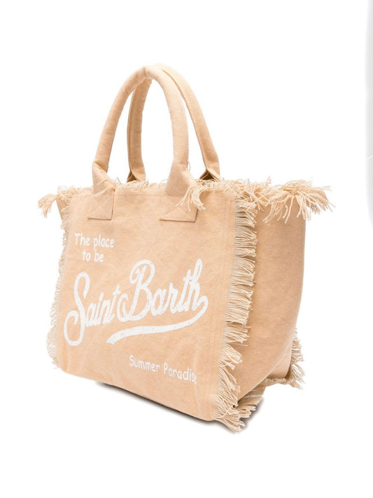 BORSA IN TELA CON FRANGE BEIGE CON LOGO BIANCO MC2 SAINT BARTH - Angel Luxury