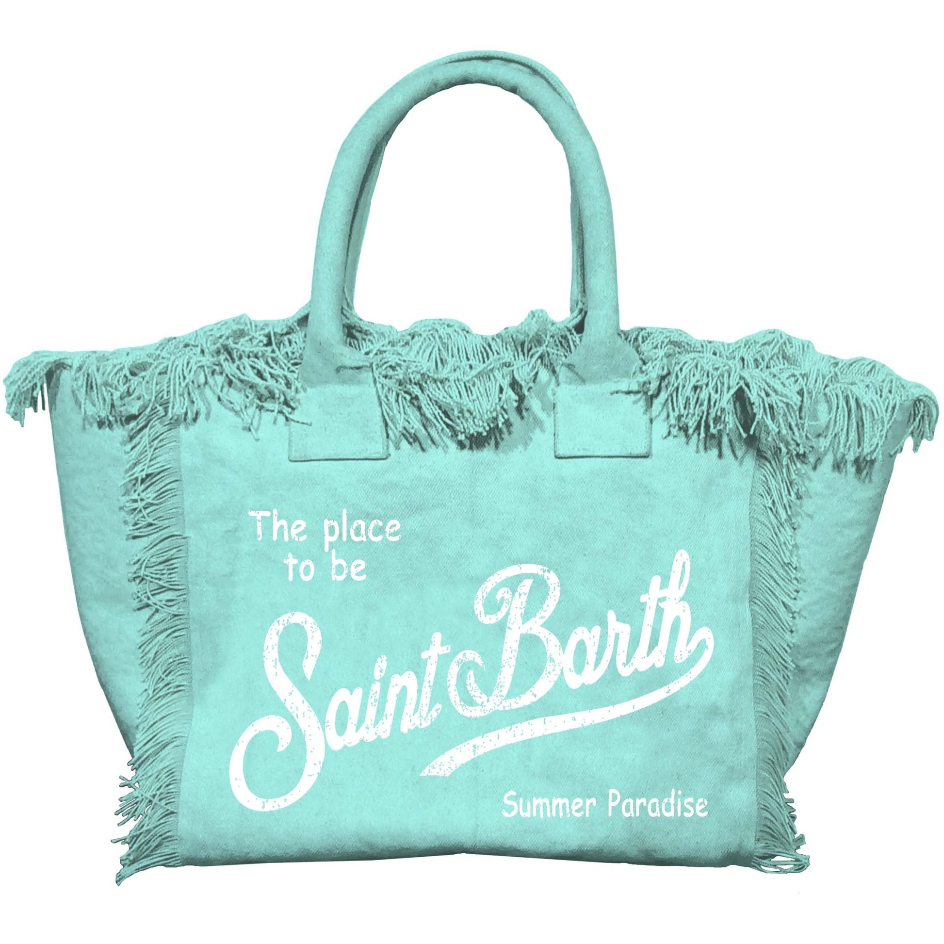 BORSA IN TELA CON FRANGE VERDE ACQUA CON LOGO BIANCO MC2 SAINT BARTH - Angel Luxury