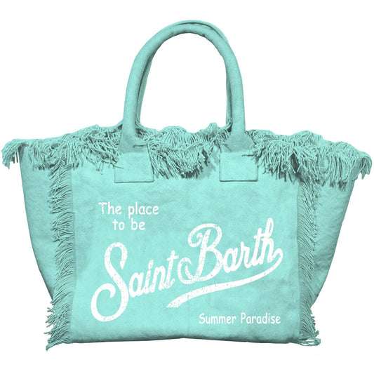 BORSA IN TELA CON FRANGE VERDE ACQUA CON LOGO BIANCO MC2 SAINT BARTH - Angel Luxury