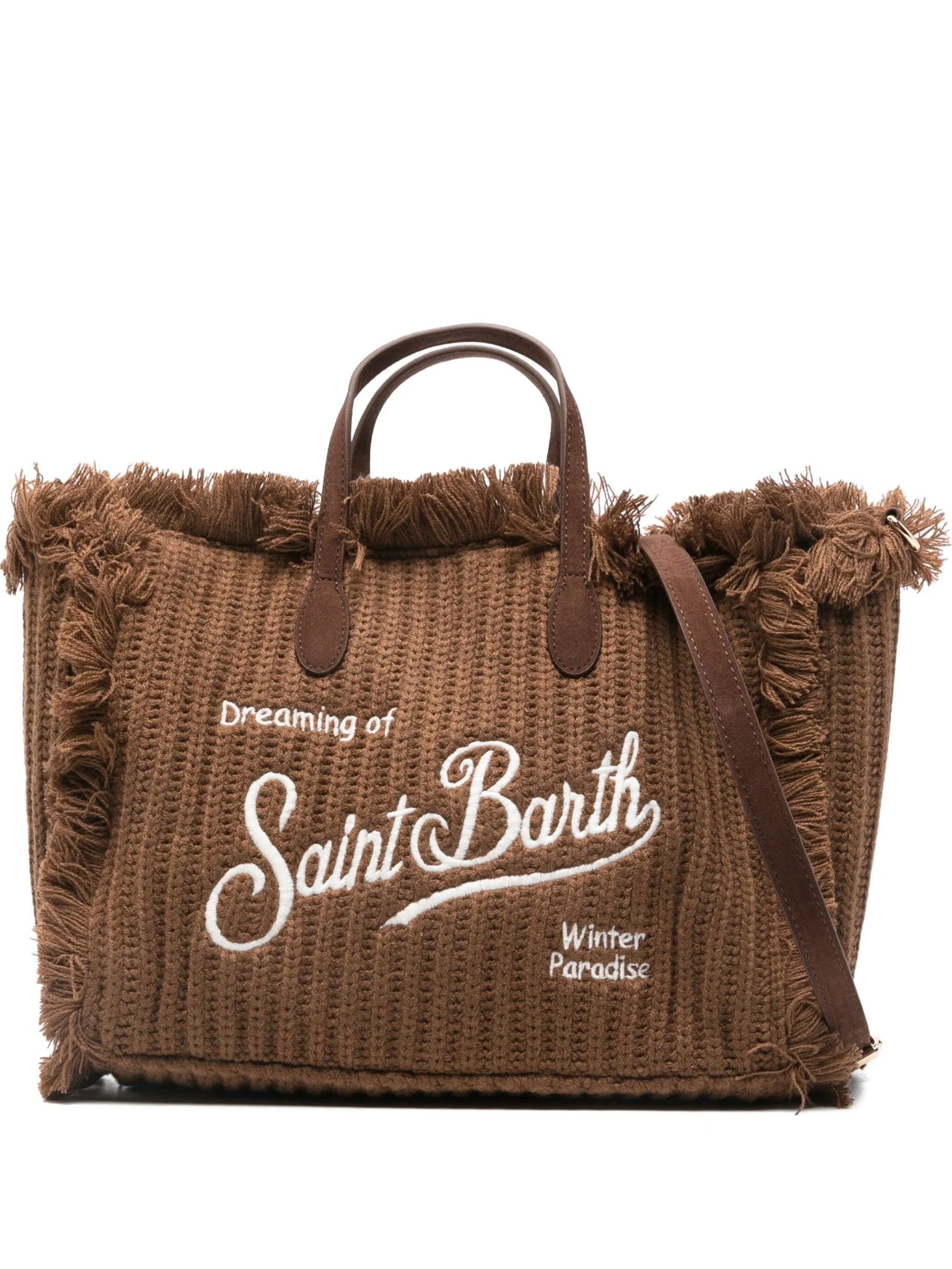 BORSA MARRONE IN LANA INTRECCIATA CON LOGO BIANCO MC2 SAINT BARTH - Angel Luxury