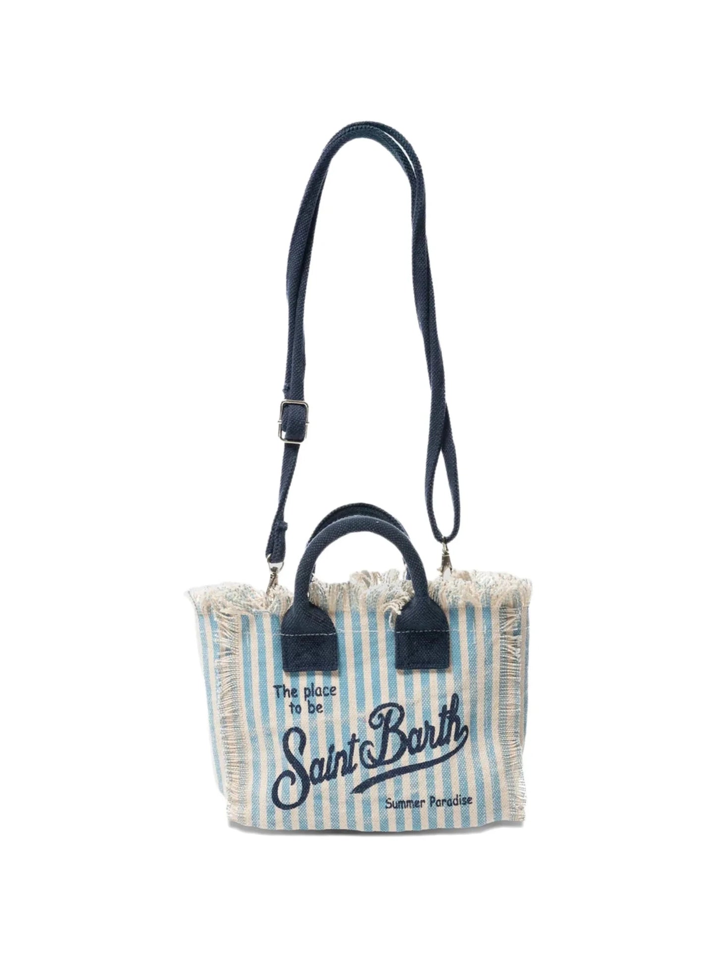 BORSA MINI VANITY IN TELA A RIGHE SOTTILI BIANCO E AZZURRO CON LOGO BLU MC2 SAINT BARTH - Angel Luxury