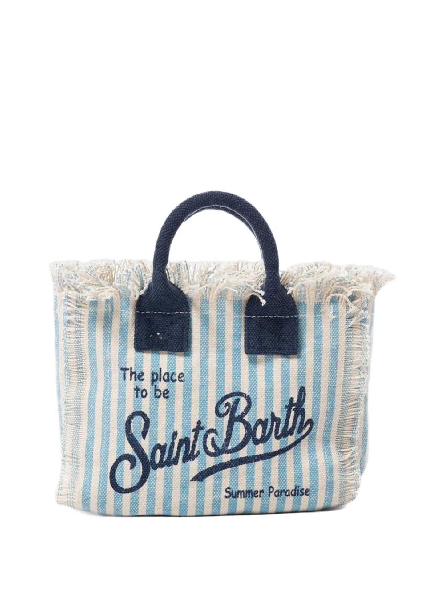 BORSA MINI VANITY IN TELA A RIGHE SOTTILI BIANCO E AZZURRO CON LOGO BLU MC2 SAINT BARTH - Angel Luxury